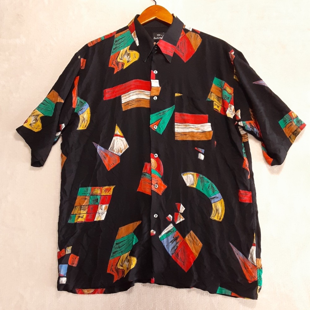 Countess Mara Mens Abstract SS Button Shirt Large Black Rayon Multicolor